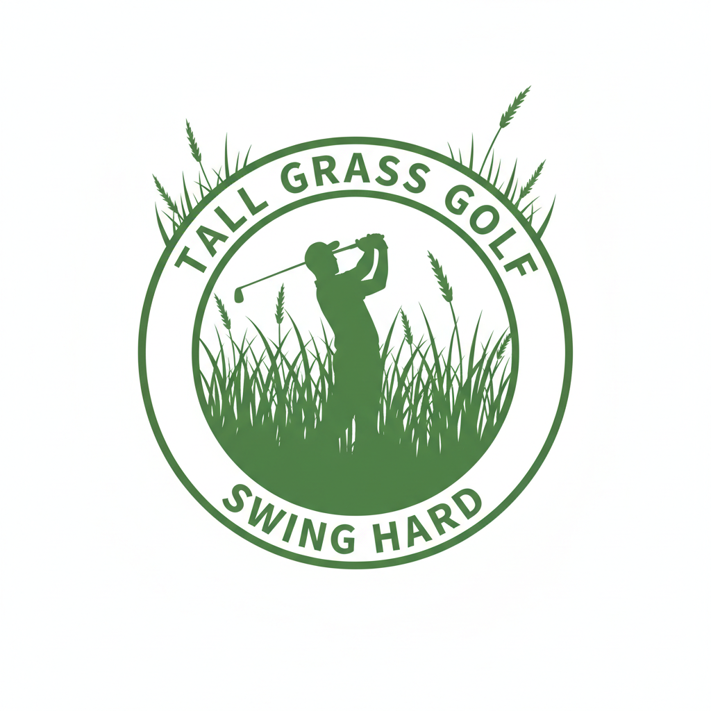 Green logo featuring a golfer swinging a club amidst tall grass, with the text 'TALL GRASS GOLF' at the top and 'SWING HARD' at the bottom.