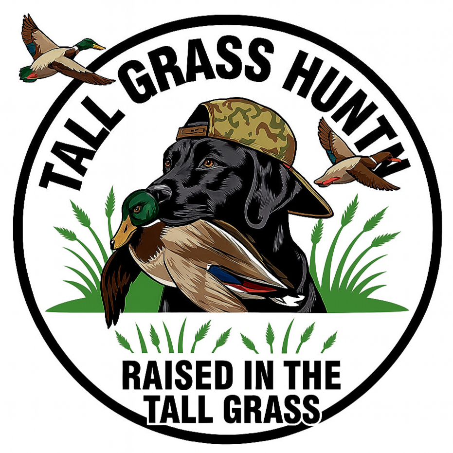 This is a logo for Tall Grass Hunt featuring a black hunting dog wearing a camouflage cap, holding a duck in its mouth, with two ducks flying above, and green grass around.