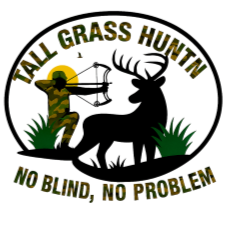 Logo for Tall Grass Hunt, featuring a person with a bow and arrow aiming at a large deer, with grass on either side and text 'Tall Grass Huntn' at the top and 'No Blind, No Problem' at the bottom.