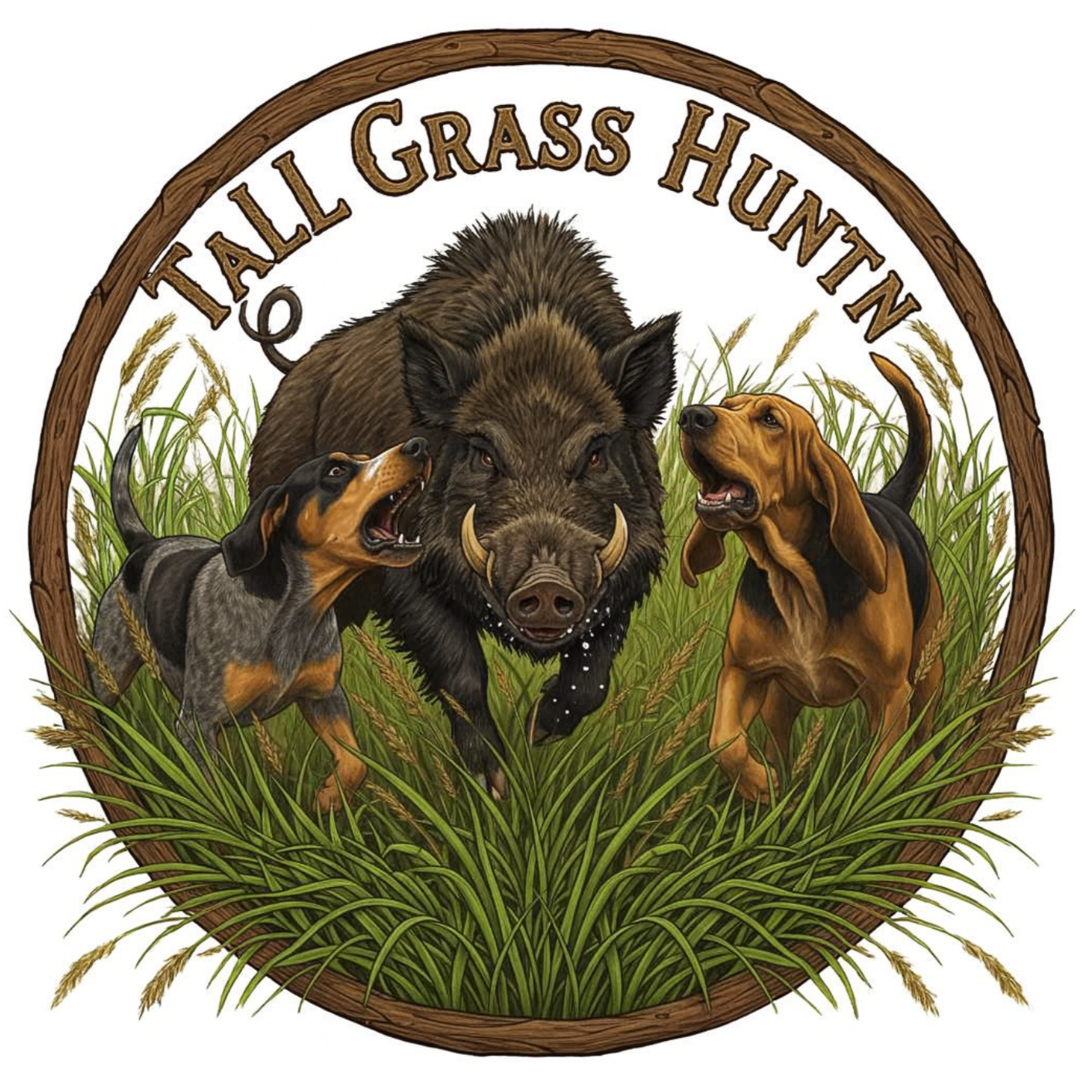 Illustration of a wild boar hunting club emblem with a wild boar in the center, flanked by two dogs, all surrounded by grass and enclosed in a wooden circle with the words 'TALL GRASS HUNTING' at the top.