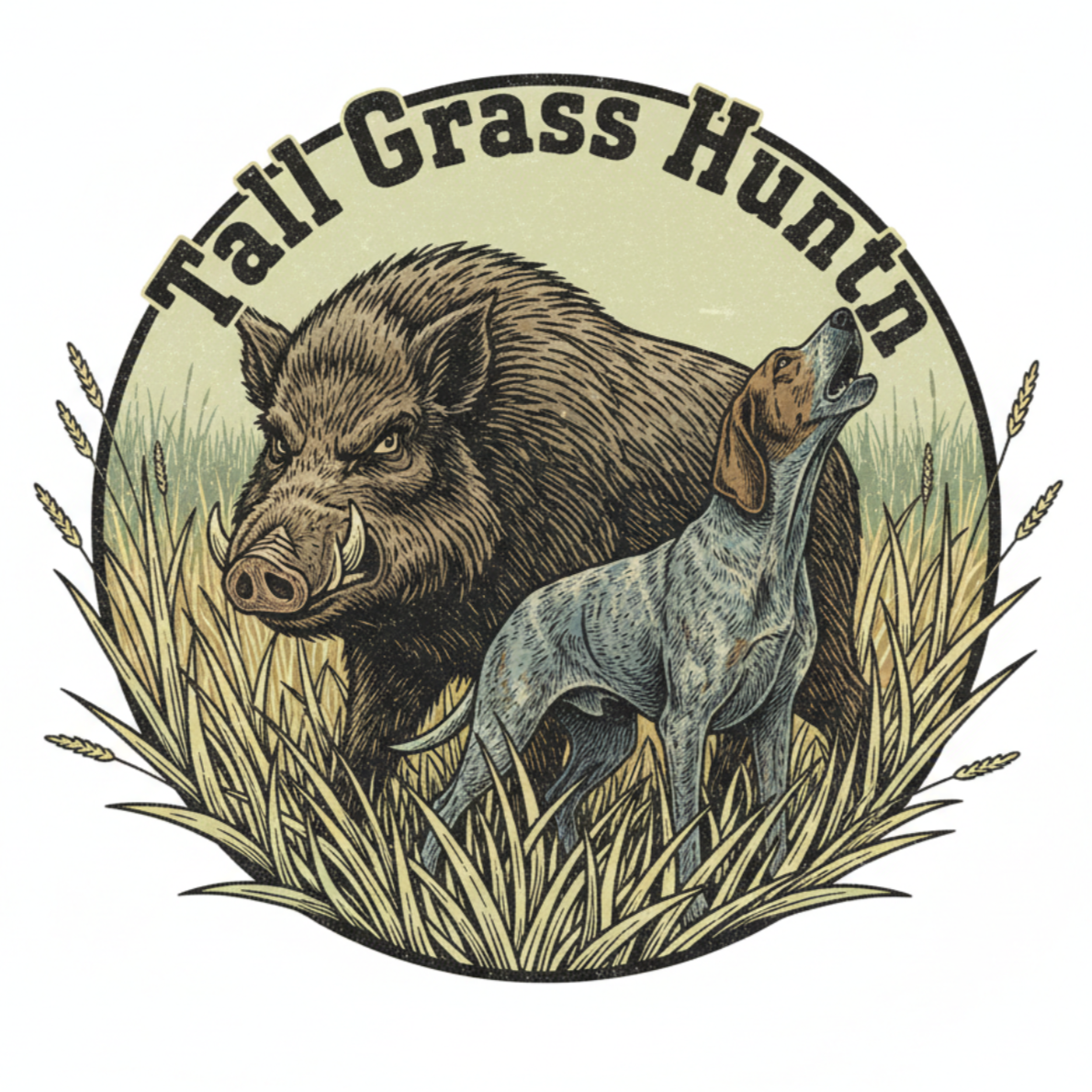 An illustrated logo featuring a wild boar and a hunting dog in tall grass, with the words 'Tail Grass Hunt' at the top.