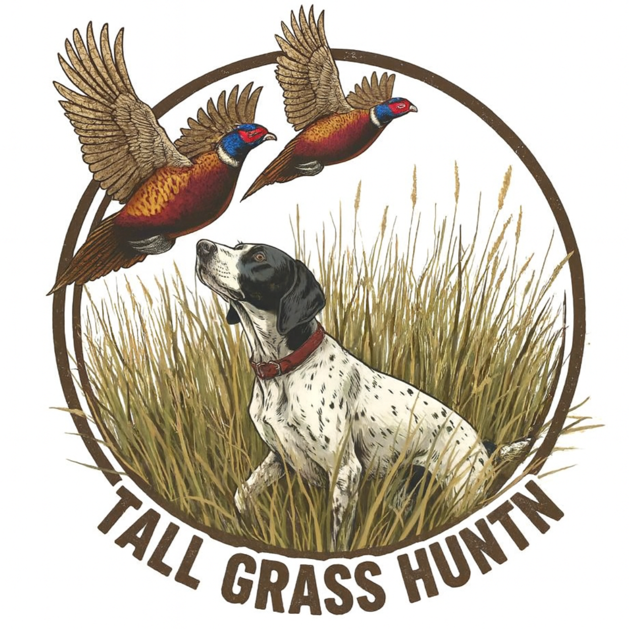 A logo featuring a black and white dog sitting in tall grass with two colorful male pheasants flying above and the words 'TALL GRASS HUNTIN' at the bottom of the image.