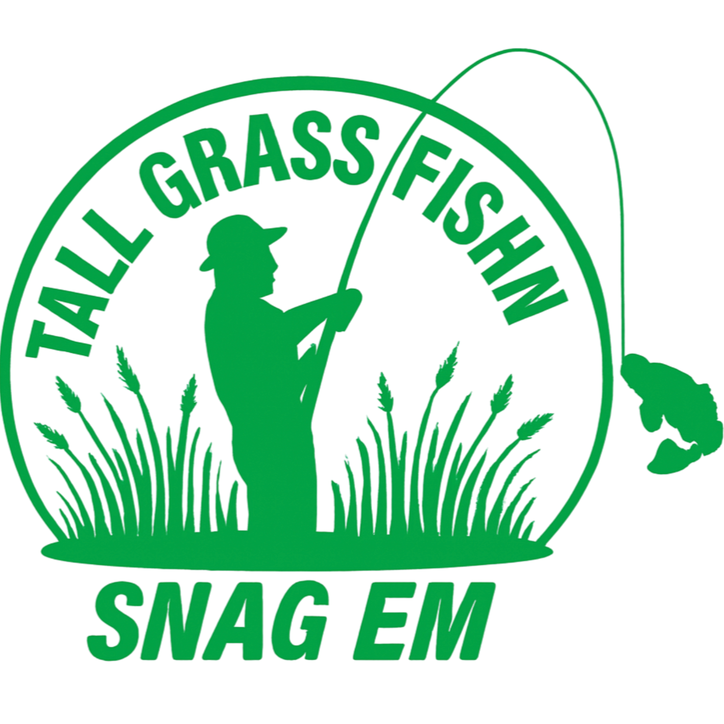 A green logo with a person fishing fish, surrounded by grass, and the words 'Tall Grass Fish' and 'SNAG EM'.