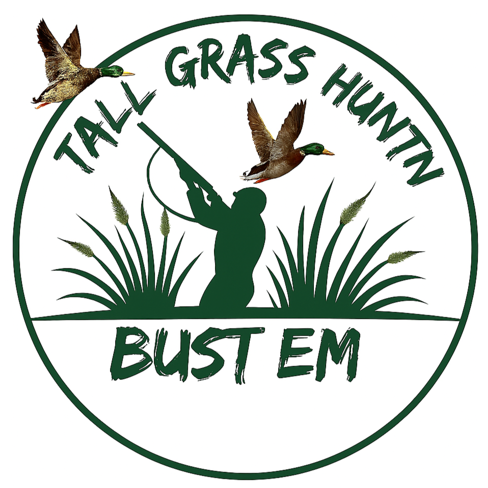 A logo for a hunting and trapping organization with a silhouette of a hunter targeting grass, surrounded by grass and two ducks flying.