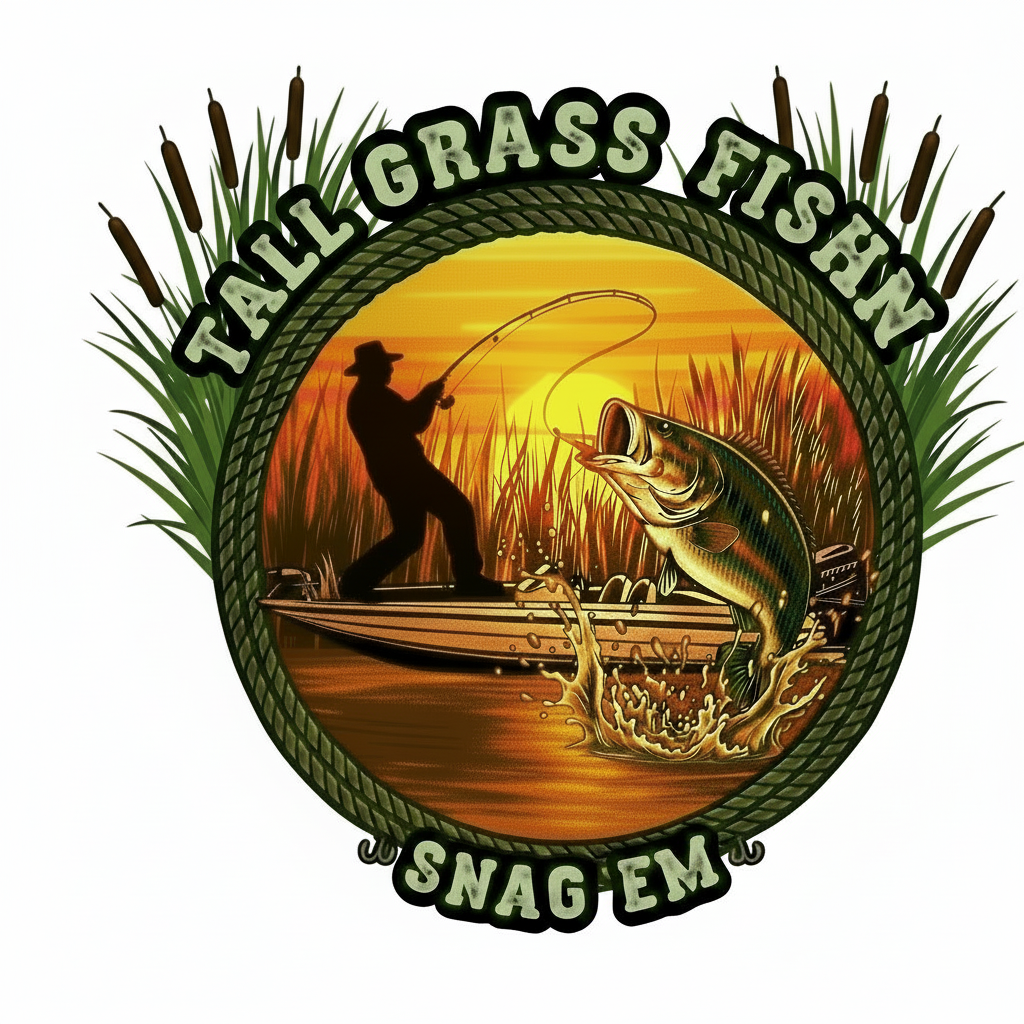 Logo featuring a silhouette of a man fishing from a boat at sunset with cattails in the background and a large fish jumping out of the water. Text reads 'TALLGRASS FISHING SNAG EM'.