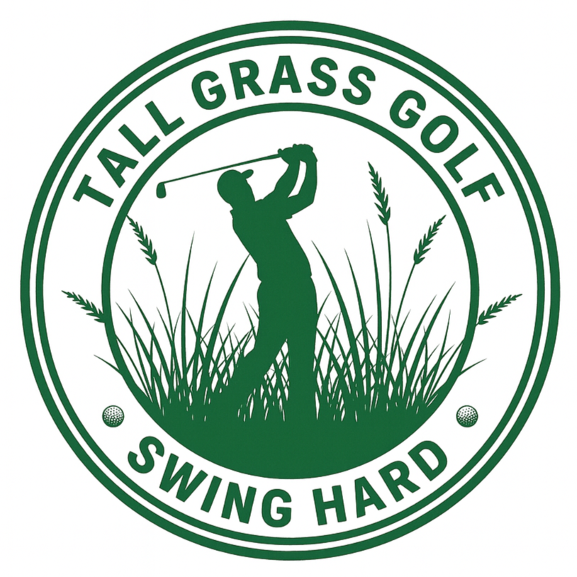 Circular emblem for tall grass golf with a silhouette of a golfer swinging amidst grass and wheat, with the words "TALL GRASS GOLF" at the top and "SWING HARD" at the bottom, and two small golf balls on either side.