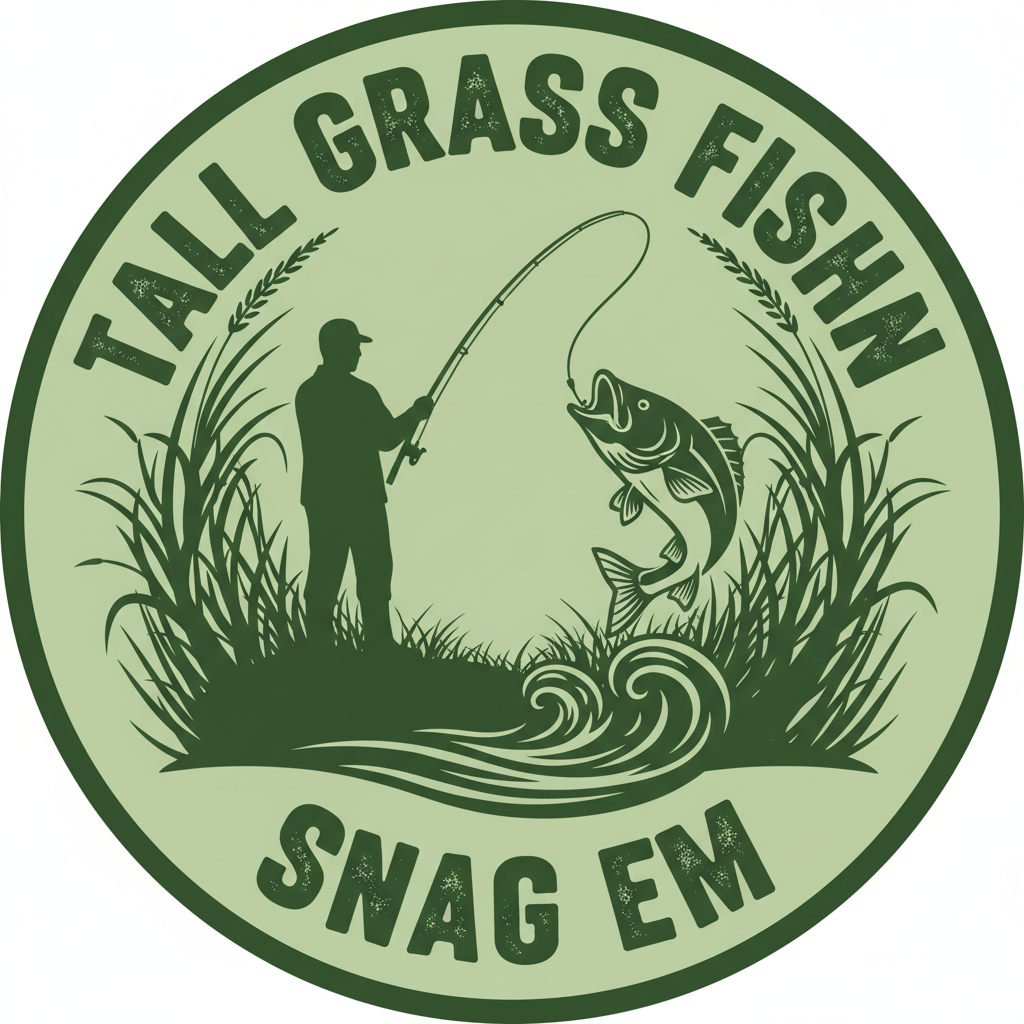 A circular logo for 'TALL GRASS FISHIN SNAG EM' featuring a silhouette of a person fishing and catching a large fish in tall grass and reeds.
