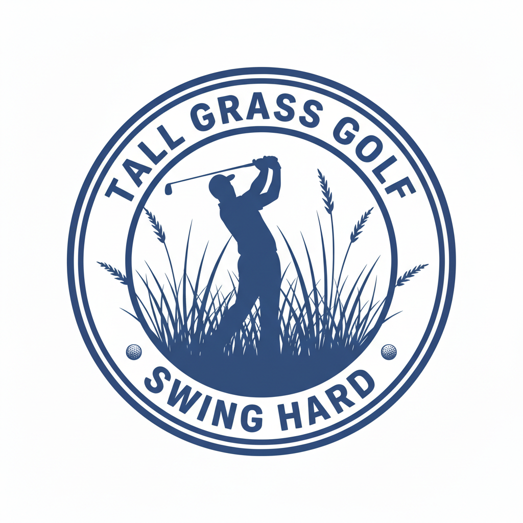 A circular logo for tall grass golf, featuring a silhouette of a golfer swinging a club amidst tall grass, with the text "TALL GRASS GOLF" at the top and "SWING HARD" at the bottom.
