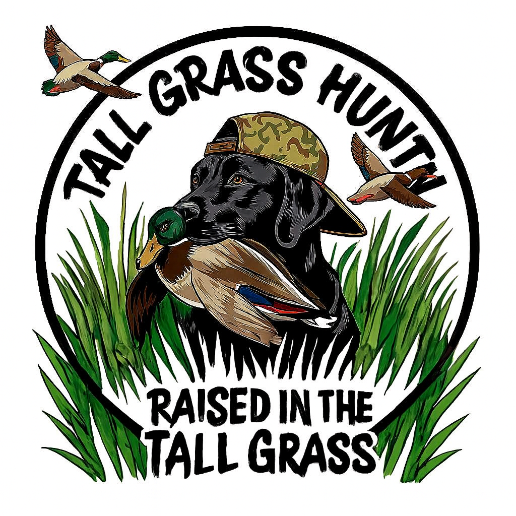 A logo featuring a black hunting dog wearing a camouflage cap, holding a duck in its mouth, with tall grass and two flying ducks in the background. Text reads "Tall Grass Hunt" and "Raised in the Tall Grass."