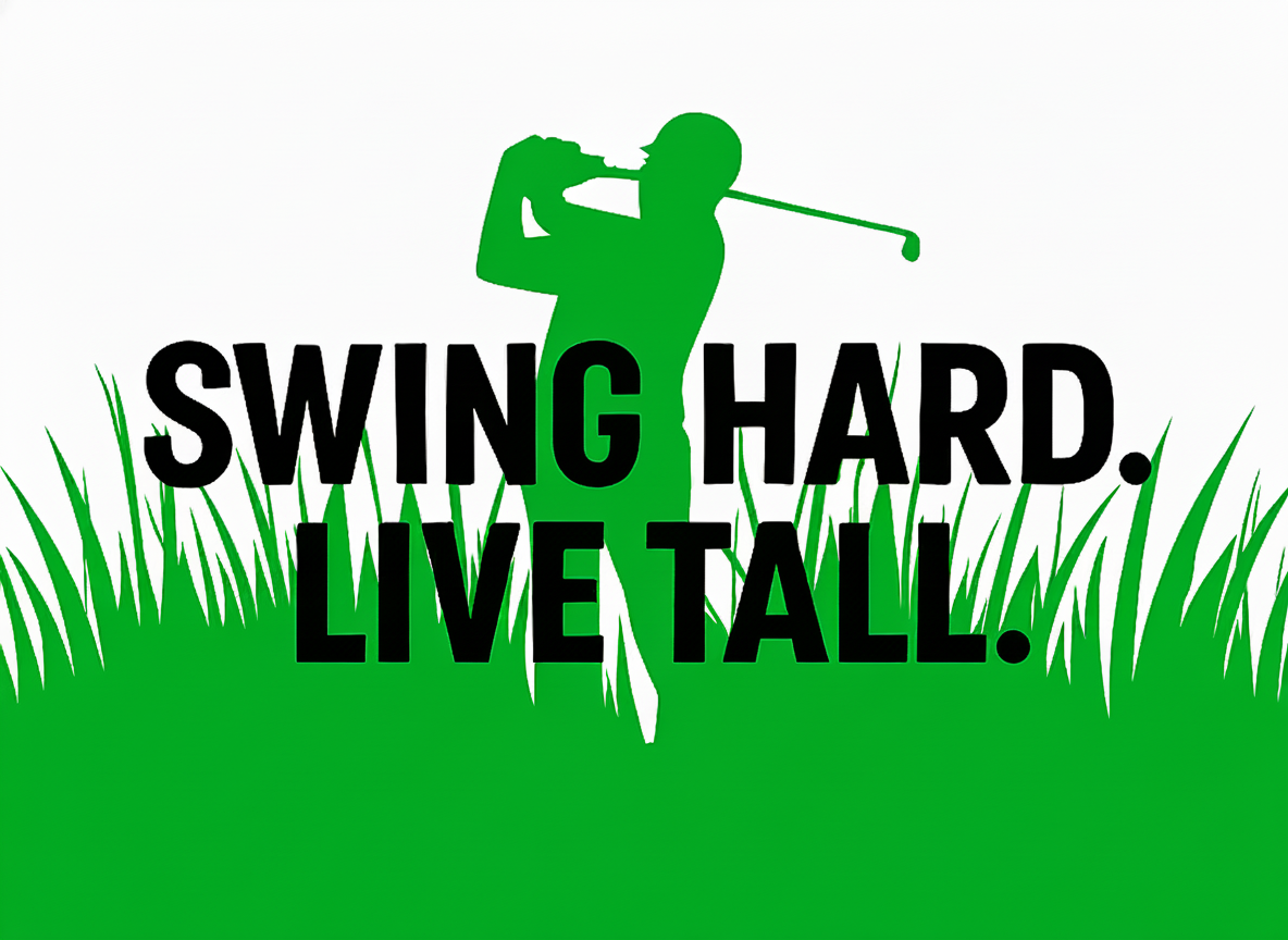 Green silhouette of a golfer swinging a golf club with the words 'Swings hard. Live tall.' in bold black letters over a grassy background.