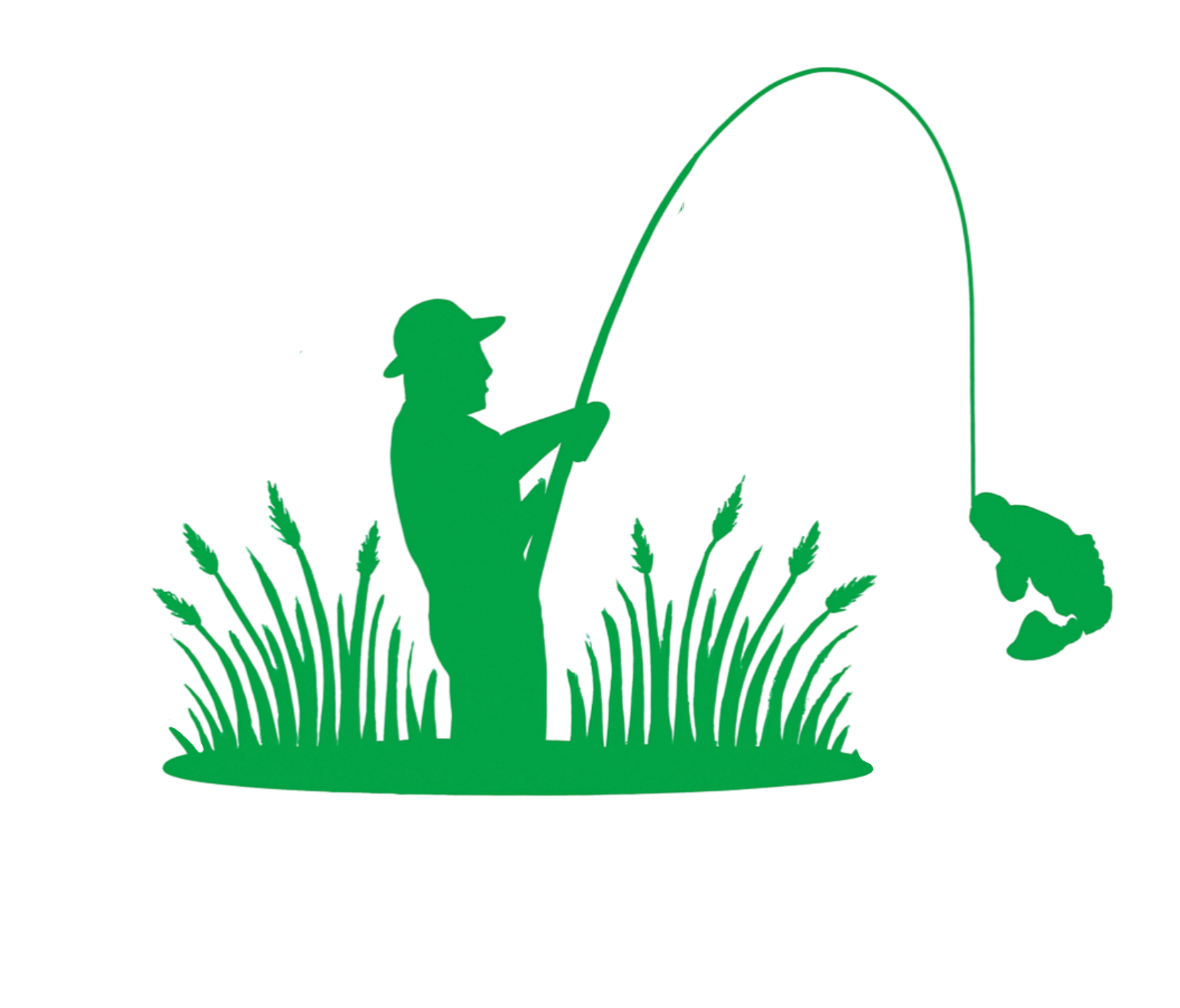 Silhouette of a man fishing in a grassy area with wheat plants, holding a fishing rod with a fish on the line.
