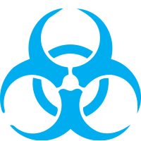 Biohazard symbol in blue. Major Hazard Facilities icon. Risk assessment for major hazards and high risk industries.