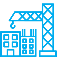 Construction crane building under construction with partially completed buildings. line icon for infrastructure and construction industries.