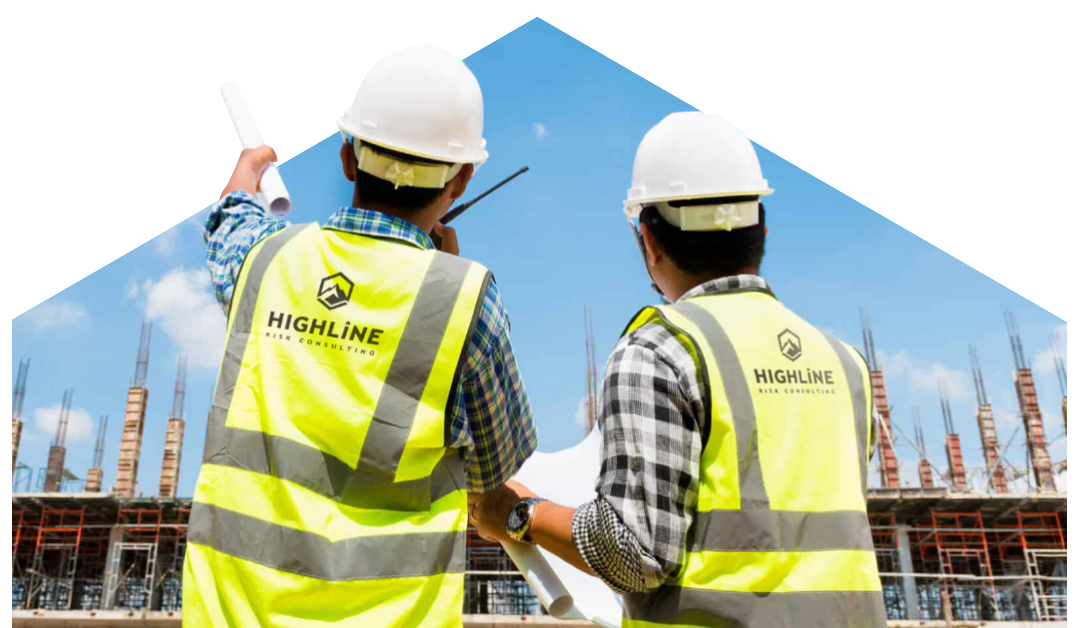 Highline Risk Consulting, WHS in Australia, OH&S Safety experts assessing high risk work site. Two construction workers wearing hard hats and high-visibility vests, reviewing construction plans on building site with steel framework in the background.