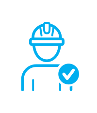 Icon of a person wearing a safety helmet with a checkmark badge. line icon for Health & Safety Management Systems, WHS management system development and review, Policy and procedure development, Contractor management frameworks, ISO 45001 alignment.