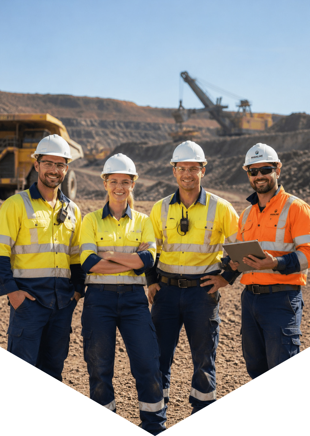 Highline Risk Consulting, safety specialists in Geelong, on-site consultation with safety experts. Group of four construction workers in safety gear standing on a mining site with a large construction crane in the background.Mining safety experts.
