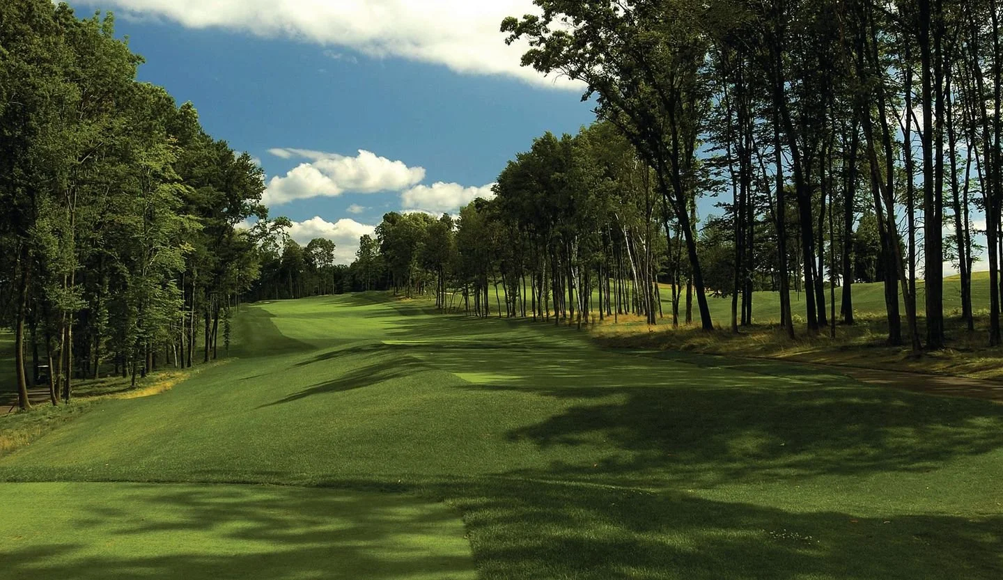 A golf course fairway surrounded by trees under a partly cloudy blue sky.