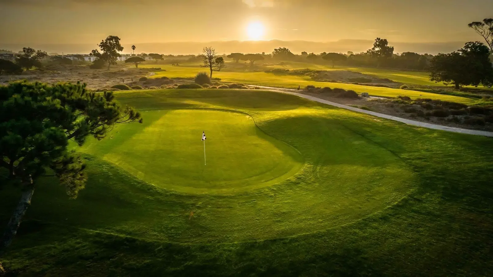 A golf course at sunset with green fairways, a flagstick in the hole, and trees in the background.