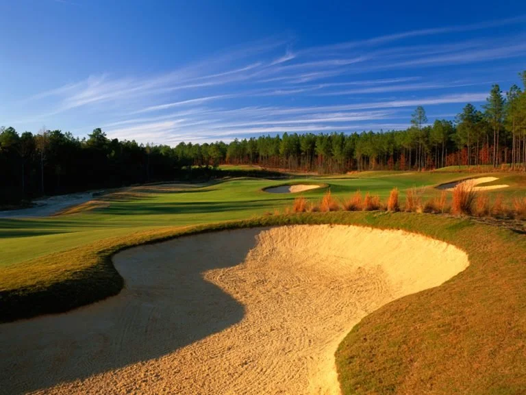 A golf course with sand traps, green grass, and trees under a blue sky with streaks of white clouds.