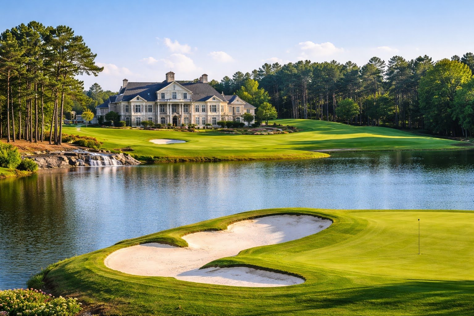 A scenic golf course with sand bunkers, a water hazard, lush green fairways, and a large mansion surrounded by trees in the background.