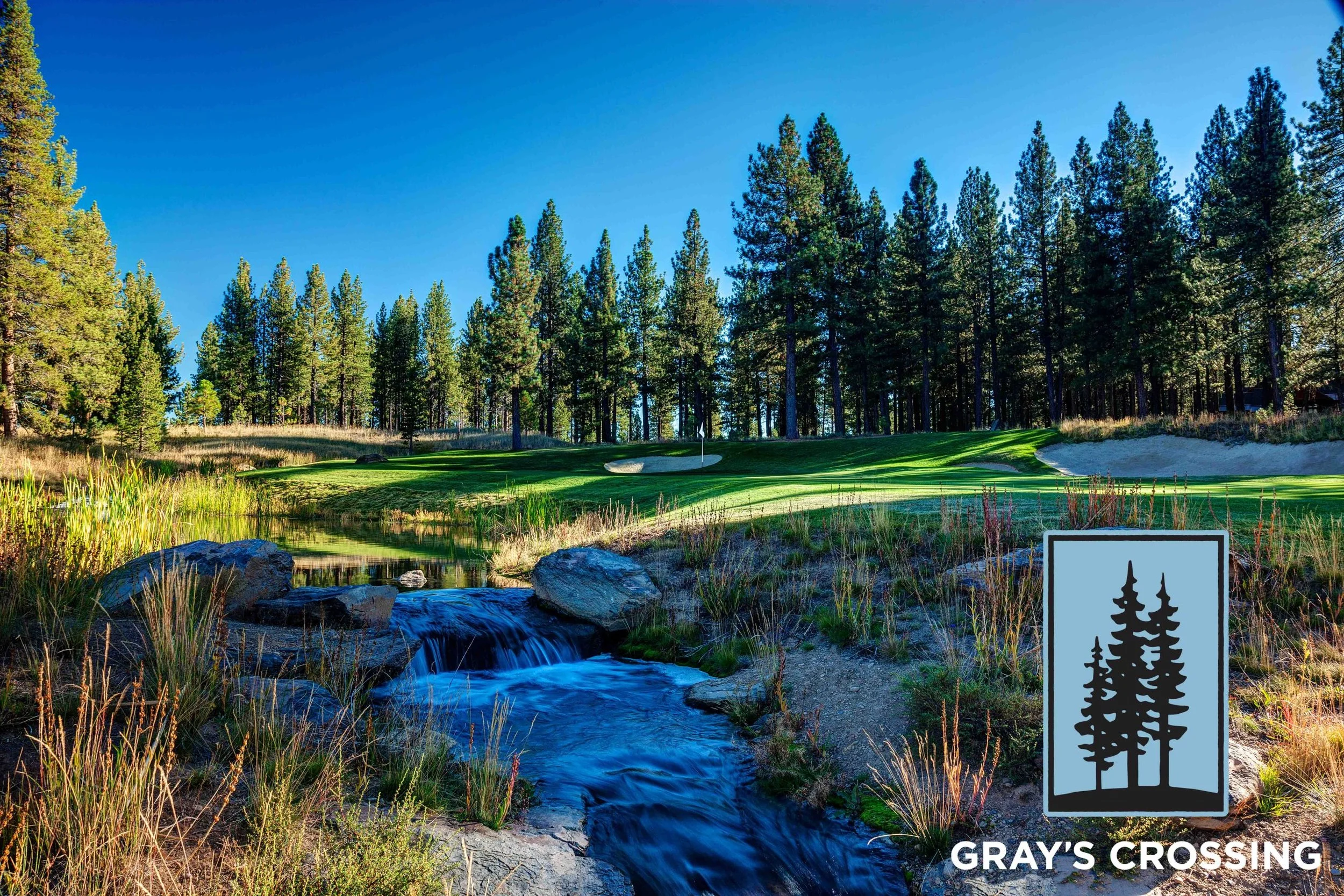 A golf course with a green, sand bunkers, surrounded by trees, a small waterfall in the foreground, and a sign with three pine trees and the text 'GRAY'S CROSSING'.