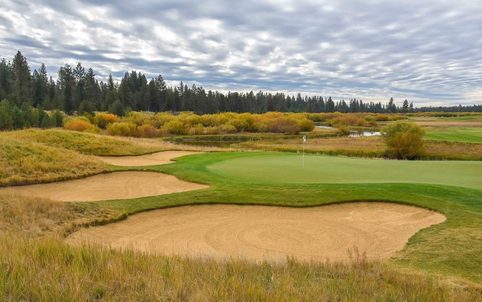 A golf course green surrounded by sand bunkers, with trees and shrubs in the background under a cloudy sky.