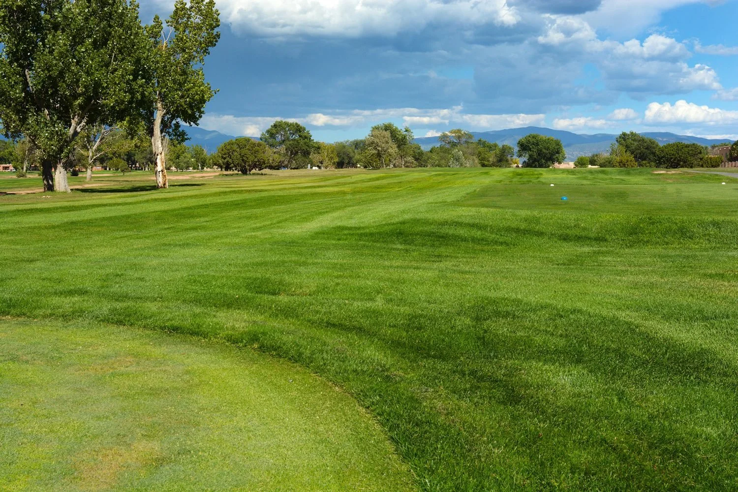View of a golf course with green grass, trees, and mountains in the background under a partly cloudy sky.