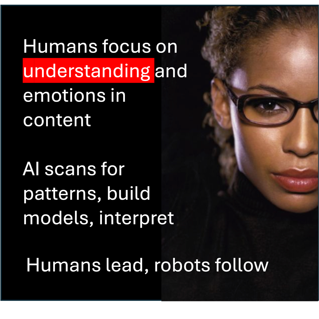 A woman with glasses and curly hair, looking directly at the camera, with text discussing AI's focus on understanding human emotions, pattern recognition, model building, and human-robot interaction.