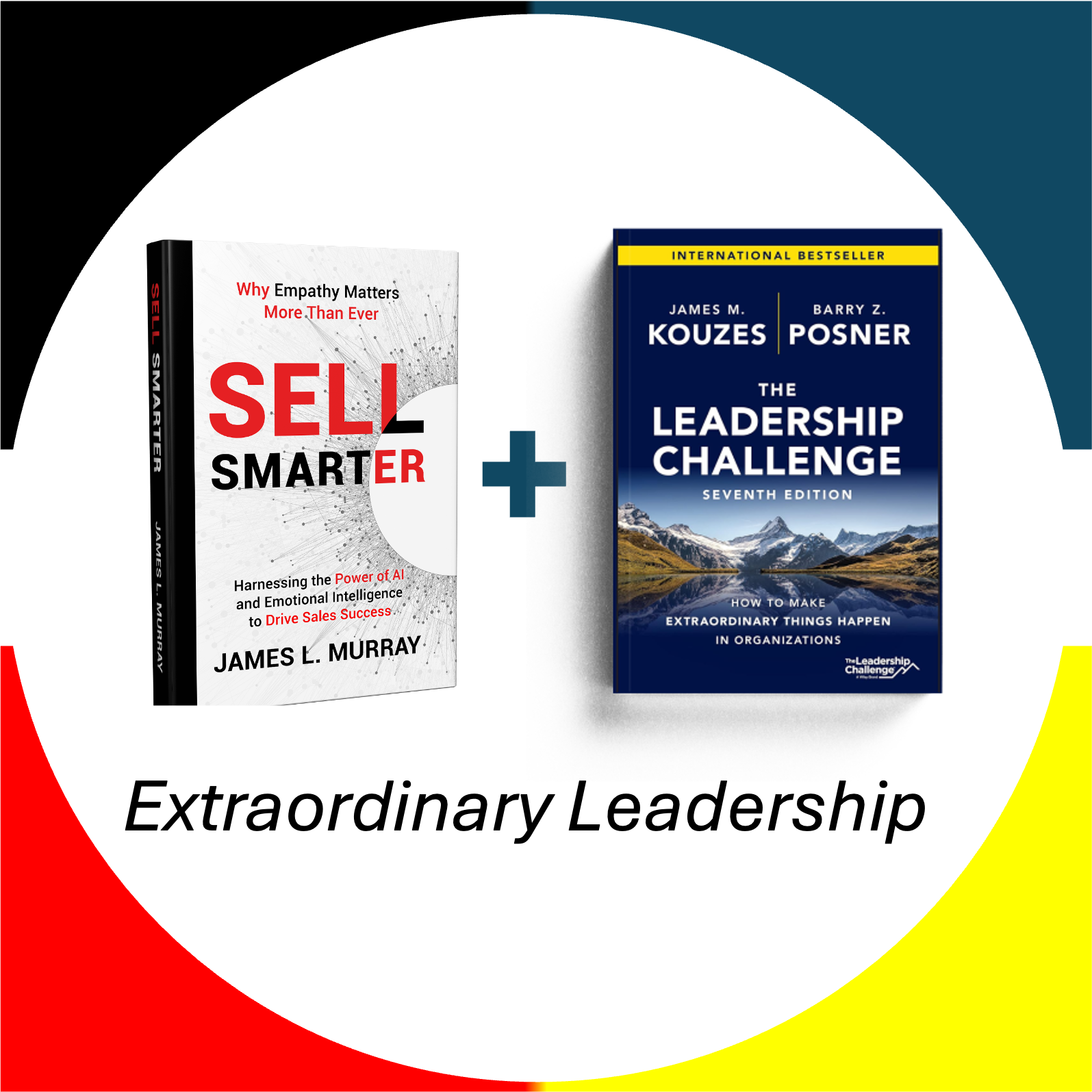 A digital graphic with two books, one titled 'Sell SmartER' and the other 'The Leadership Challenge,' positioned side by side. Below the books, the phrase 'Extraordinary Leadership' is written in black italicized font.