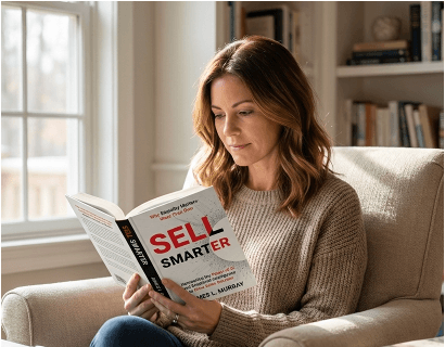 Woman sitting on a beige sofa, reading a book titled "Sell Smarter" in a well-lit living room with bookshelves in the background.