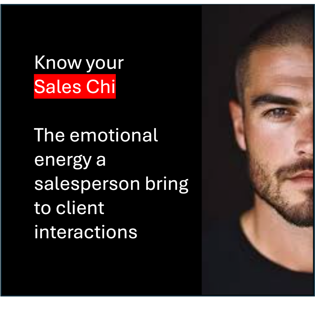 "Know your Sales Chi" with "Sales Chi" highlighted in red, and below it, additional text reading "The emotional energy a salesperson bring to client interactions"; part of a professional photo of a man with a beard and dark hair on the right side.
