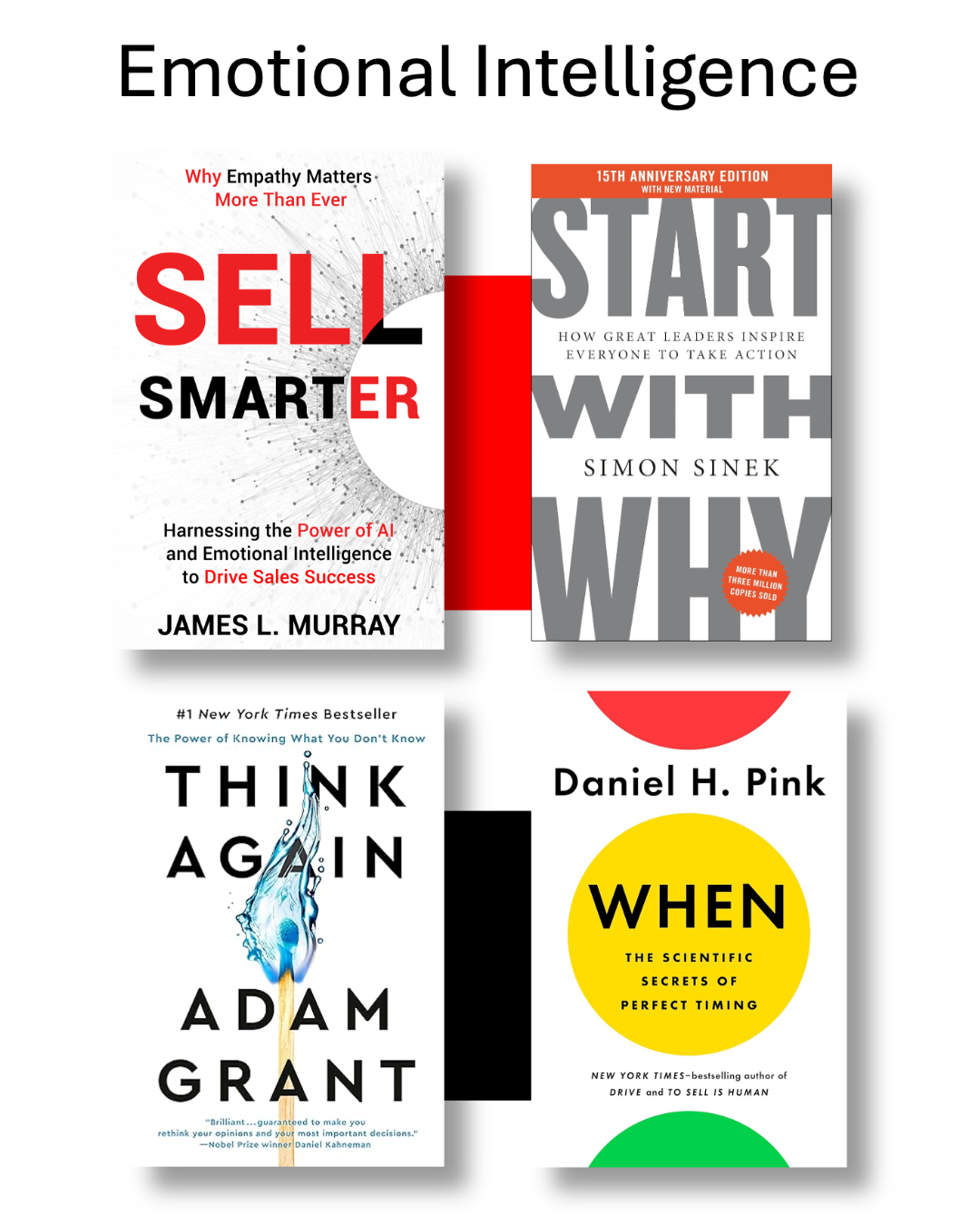 Collection of four book covers related to emotional intelligence, sales, leadership, and scientific timing.  Sell Smarter (James L Murray), Simon Sinek, Adam Grant and Daniel Pink - all bestsellers