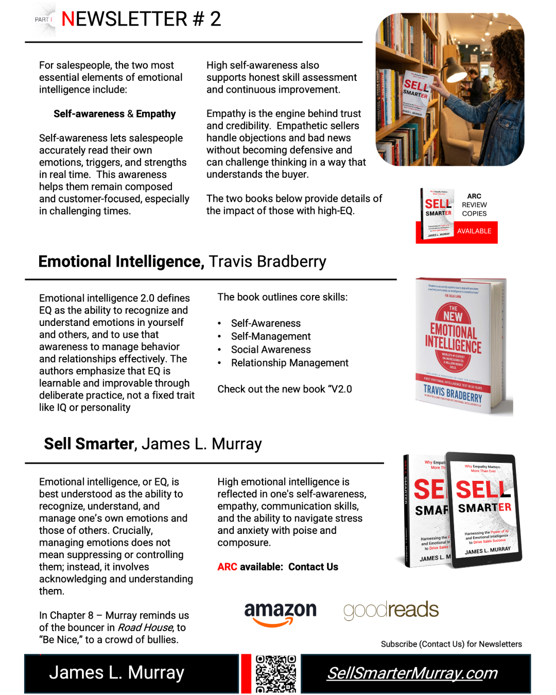 A page from a newsletter titled 'Newsletter #2' discussing emotional intelligence and sales tips. The page features a woman browsing books in a bookstore, with sections on books titled 'Sell Smarter,' 'The New Emotional Intelligence,' and an author named Travis Bradbery. There are images of book covers, including one labeled 'Sell Smarter,' and a QR code at the bottom.