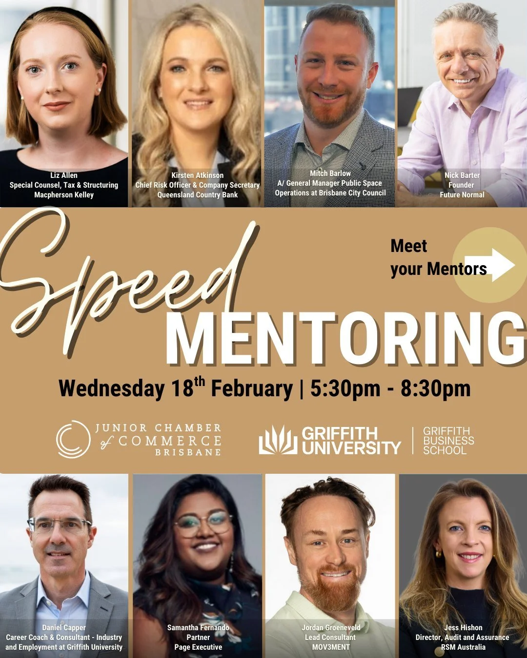 ONLY 3 WEEKS TO GO! BJCC&rsquo;s Speed Mentoring is your chance to connect with 15+ of Brisbane&rsquo;s most experienced senior leaders for real conversations, practical advice, and career-accelerating insights.

Enjoy nibbles, drinks and networking,