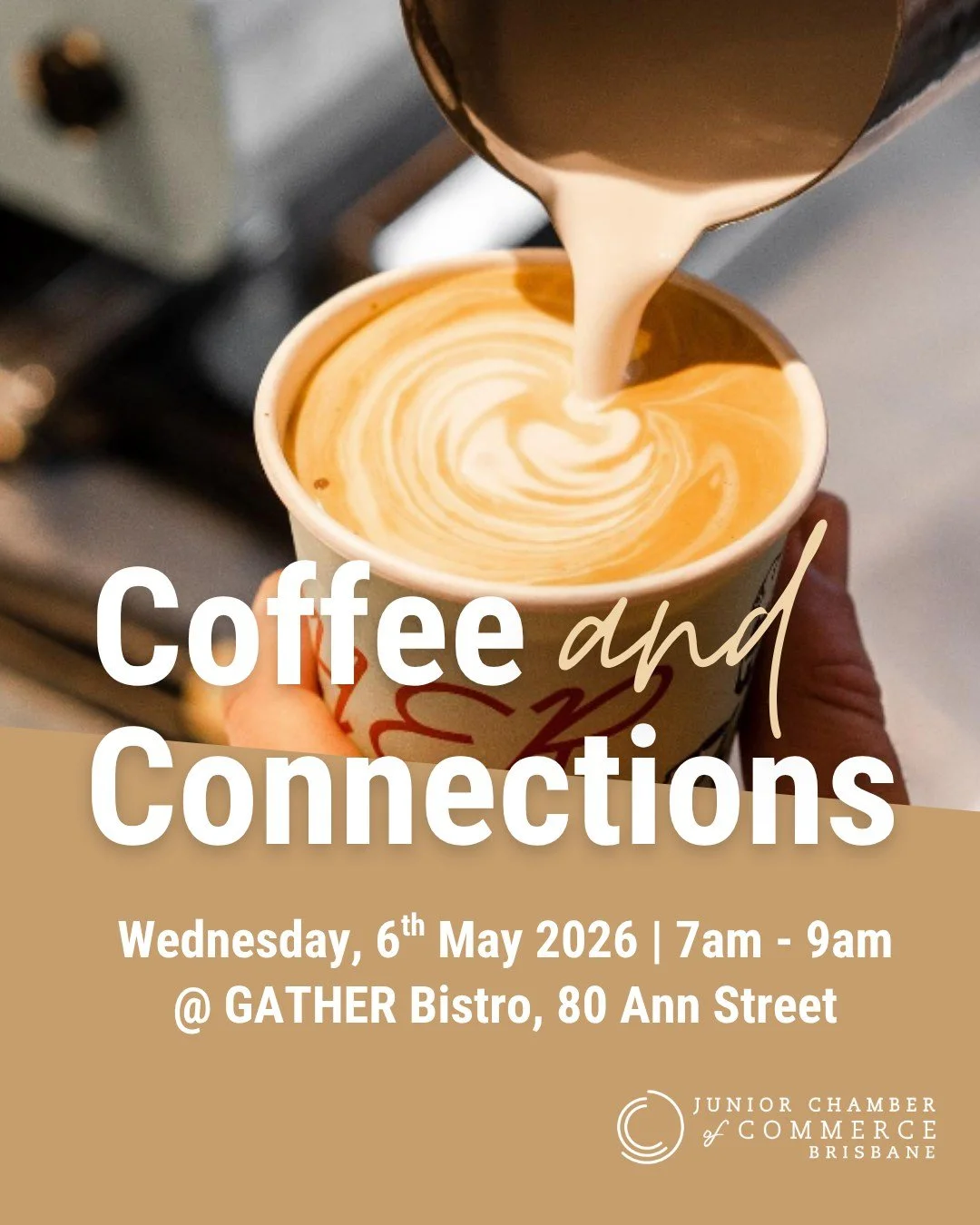 What could one great conversation do for your week? ☕

Make the most of your membership with the Brisbane Junior Chamber of Commerce at Coffee &amp; Connections, a relaxed space to reconnect with familiar faces, meet like-minded young professionals, 