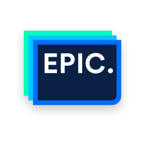 Multiple overlapping rectangular shapes in shades of blue and cyan with the word "EPIC" in white capital letters on a navy blue background.