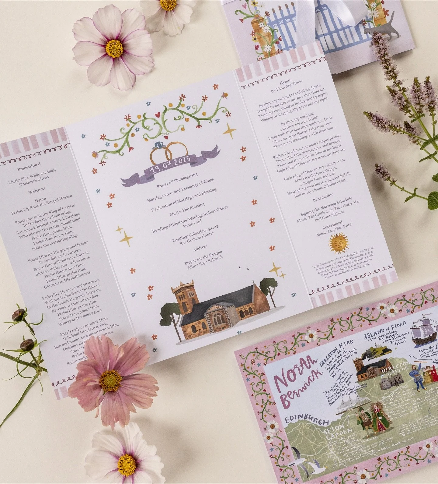 Details from stationery at Jo and Will's wedding ceremony! ✨🏴󠁧󠁢󠁳󠁣󠁴󠁿

I designed a little package that was handed out to guests on arrival to the church by the groomsmen - a gatefold style Order of Service with a map of the area (the beautiful 