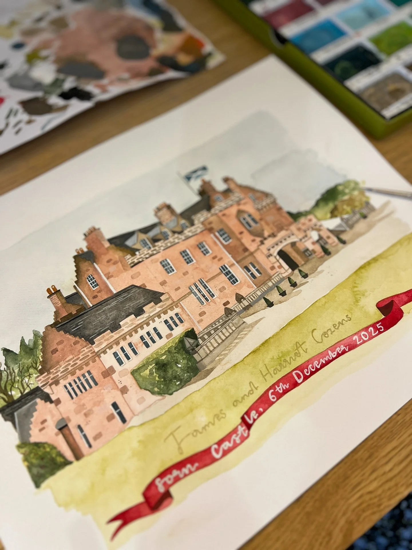 🏴󠁧󠁢󠁳󠁣󠁴󠁿 Sorn Castle painted with Japanese gouache for a commissioned wedding gift 🎨Loved doing something a little different to my usual - it helped that it was a gorgeous venue to paint and study all the teeny details!  We went for a red ribb