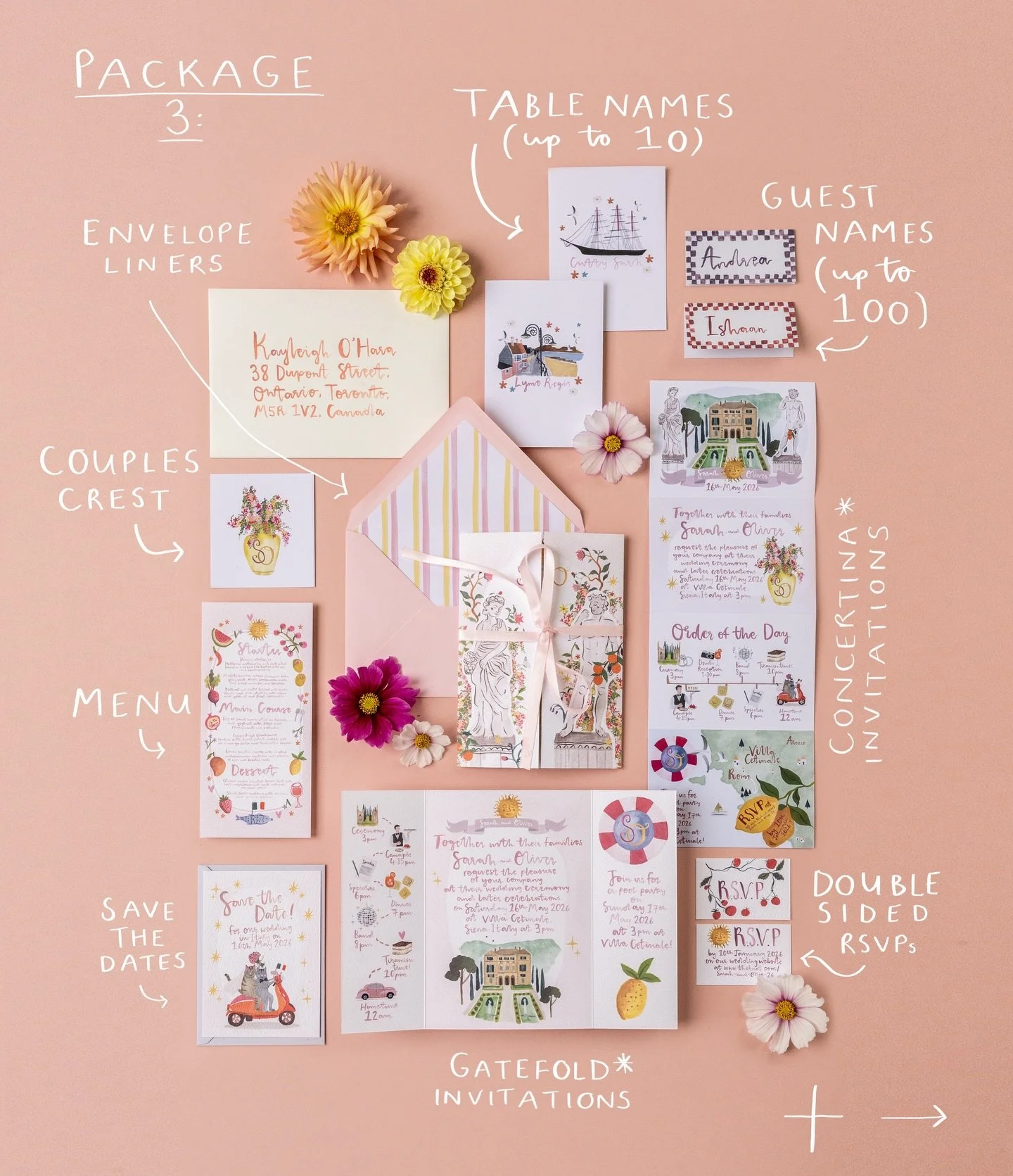Check out one of my wedding packages - complete with postcard Save the Dates, wedding invitations (*gatefold OR concertina) and RSVP cards, envelope liner design (envelopes come free if you choose to print with me too 💌) and personalised couples cre