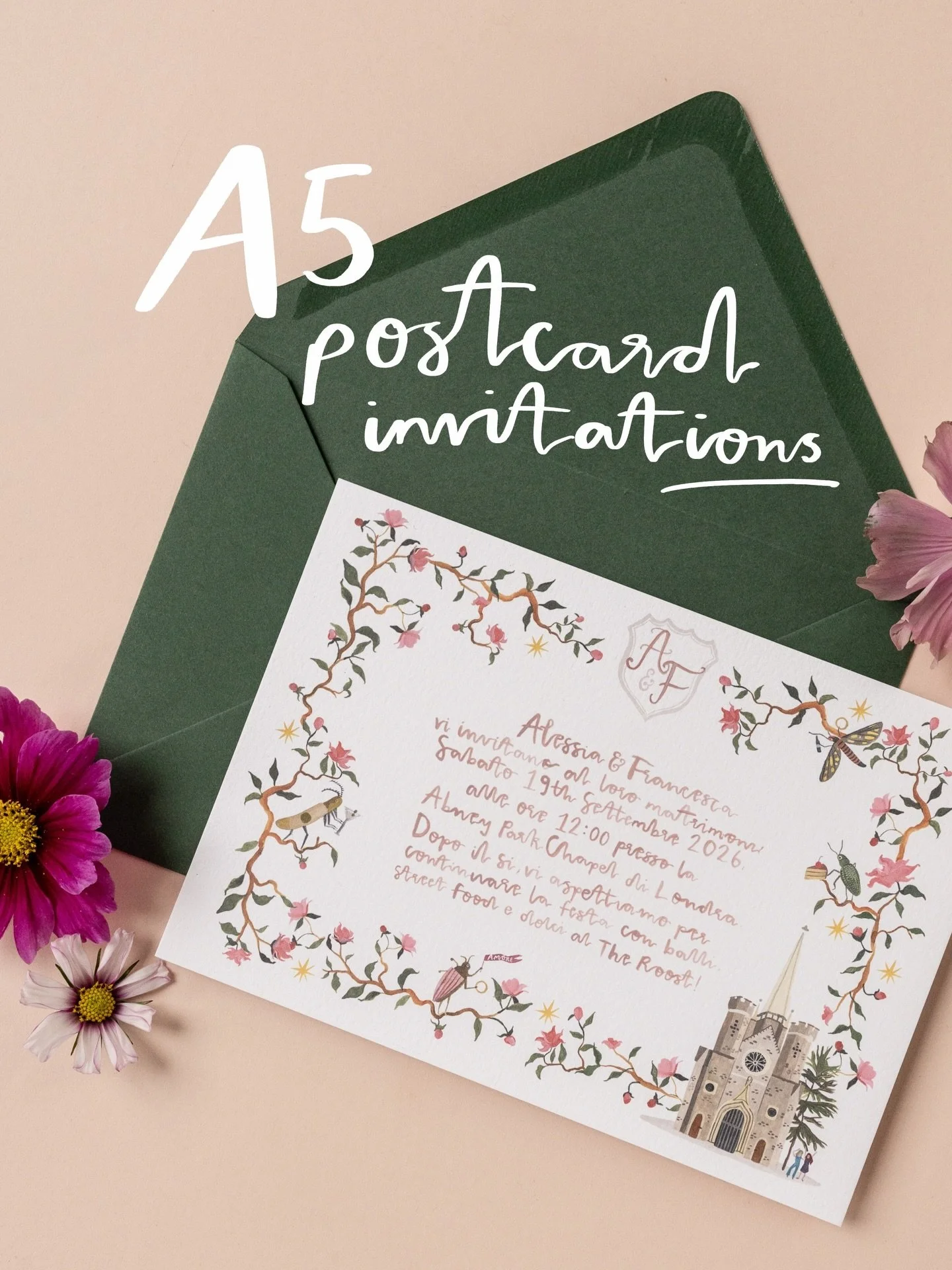 Details from Alessia and Francesca's upcoming wedding at Abney Park Chapel in North London 🔎 They went for a beautiful A5 Save the Date postcard with their invitation text framed by painted forest branches, flowers and magical party bugs holding cak