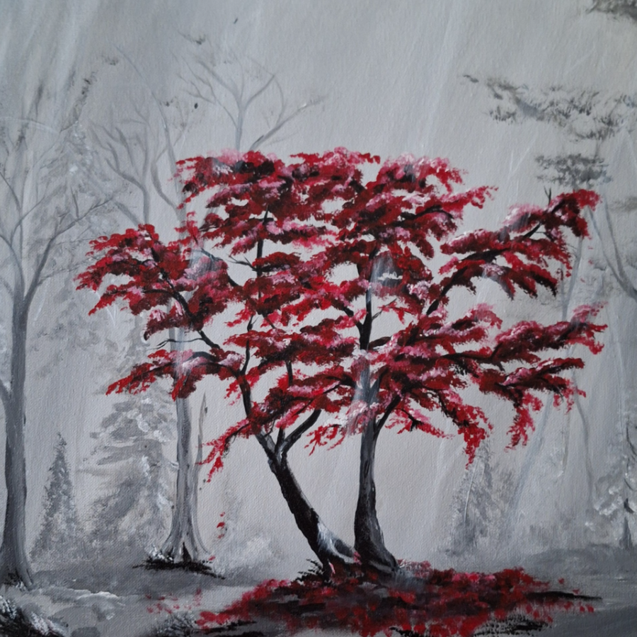 Lone Red Tree Acrylic Painting Class with Rhonda Strassburg