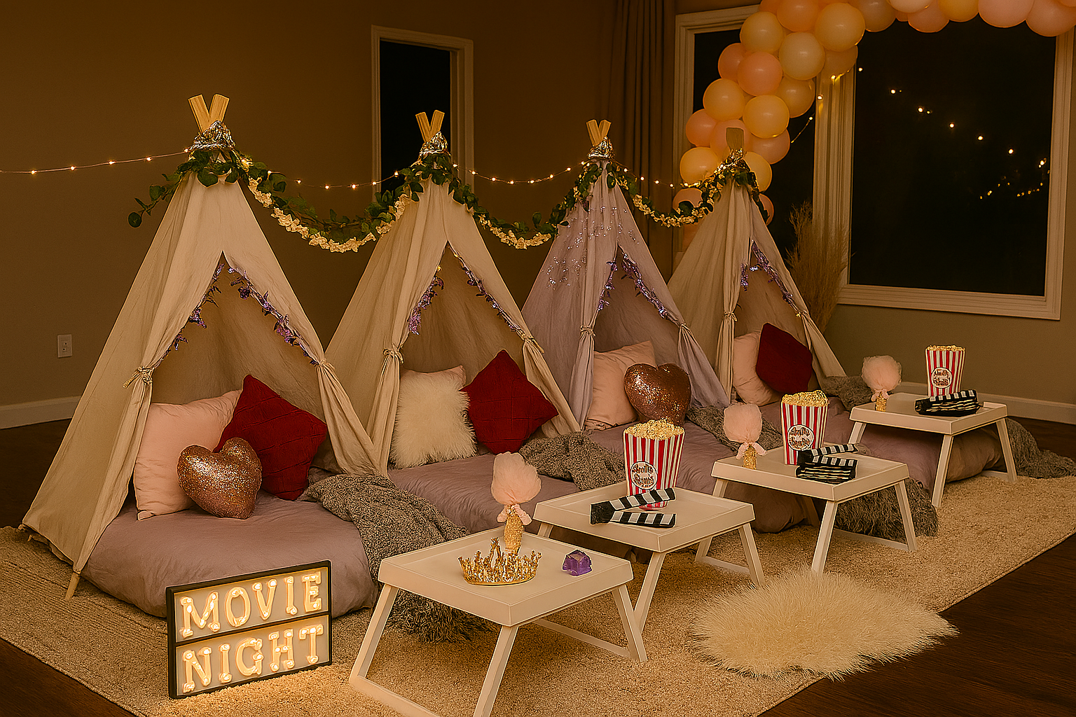 Indoor scene with four tiered teepees decorated with greenery, fairy lights, and garlands, set up for a movie night or sleepover. Each teepee has plush pillows, heart-shaped glitter pillows, and fur throw blankets. Small white tables in front hold popcorn boxes, striped black and white boxes, and pink cotton candy. A lightbox sign reads 'MOVIE NIGHT' on the floor. The background features a window with a balloon arch and string lights outside.