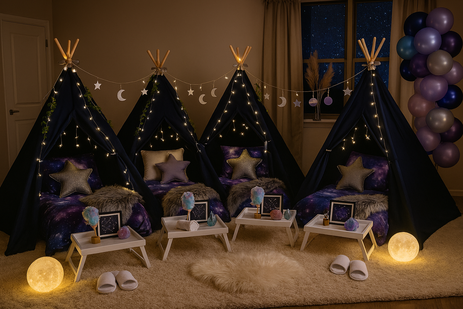A cozy sleepover setup in a room with four navy blue teepees decorated with yellow star and moon string lights. Each teepee has galaxy-themed bedding, furry throws, and star-shaped pillows. Small white tables hold decorative items and framed constellation prints. Soft round lamps and slippers are on the floor, with a window showing a starry night sky and a balloon arch in shades of purple, blue, and gray on the side.