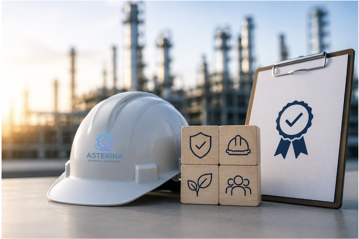 Équipements et symboles QHSE représentant l’engagement d’ASTERINA en matière de qualité, sécurité, environnement et performance dans le secteur industriel.