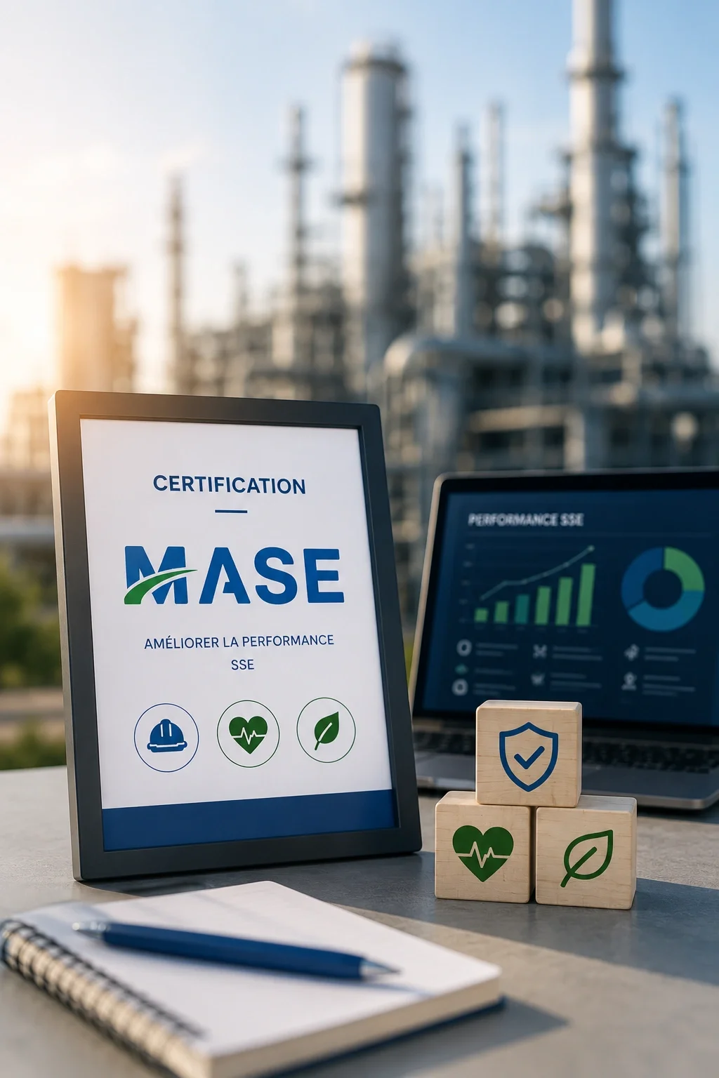 Photographie d'une certification MASE pour améliorer la performance SSE, avec des icônes représentant sécurité, santé et environnement, à côté d'un ordinateur affichant des graphiques de performance, et des blocs en bois avec des symboles correspondants, sur une table en plein air contre un fond industriel.