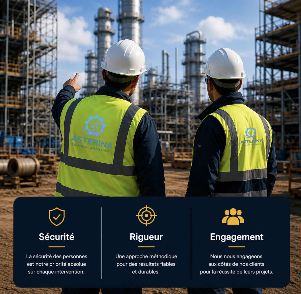 Équipe Asterina spécialisée en sécurité chantier et assistance technique industrielle avec engagement terrain.