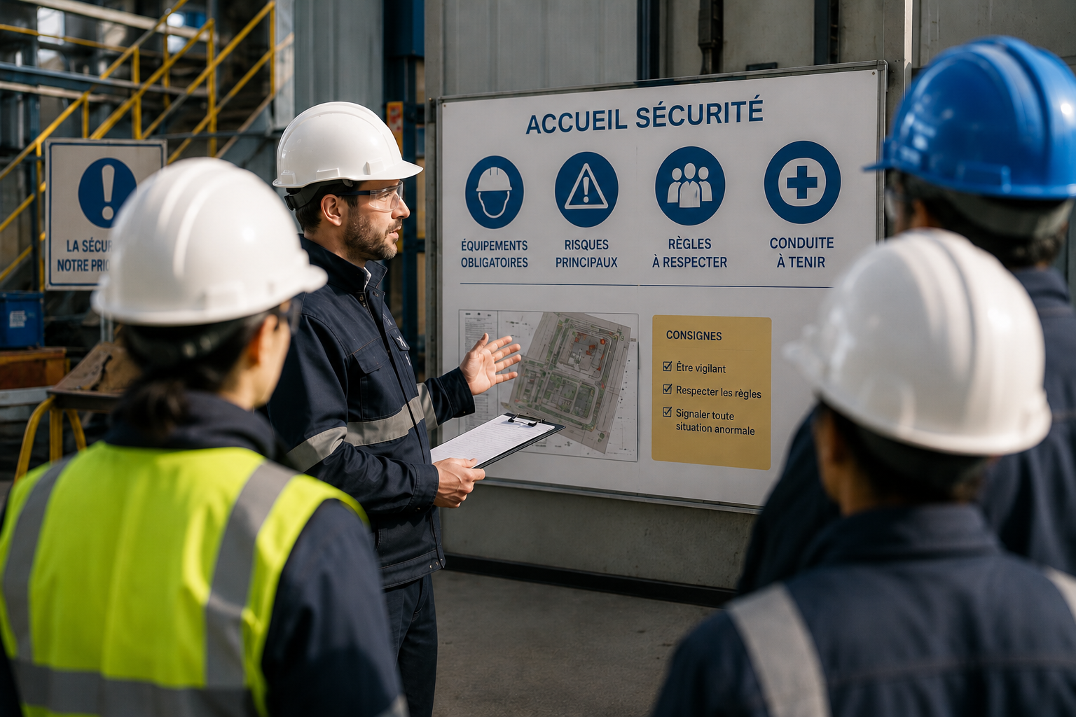 Briefing d’accueil sécurité réalisé par un superviseur auprès d’équipes équipées sur un site industriel dans le cadre des procédures SSE d’ASTERINA.