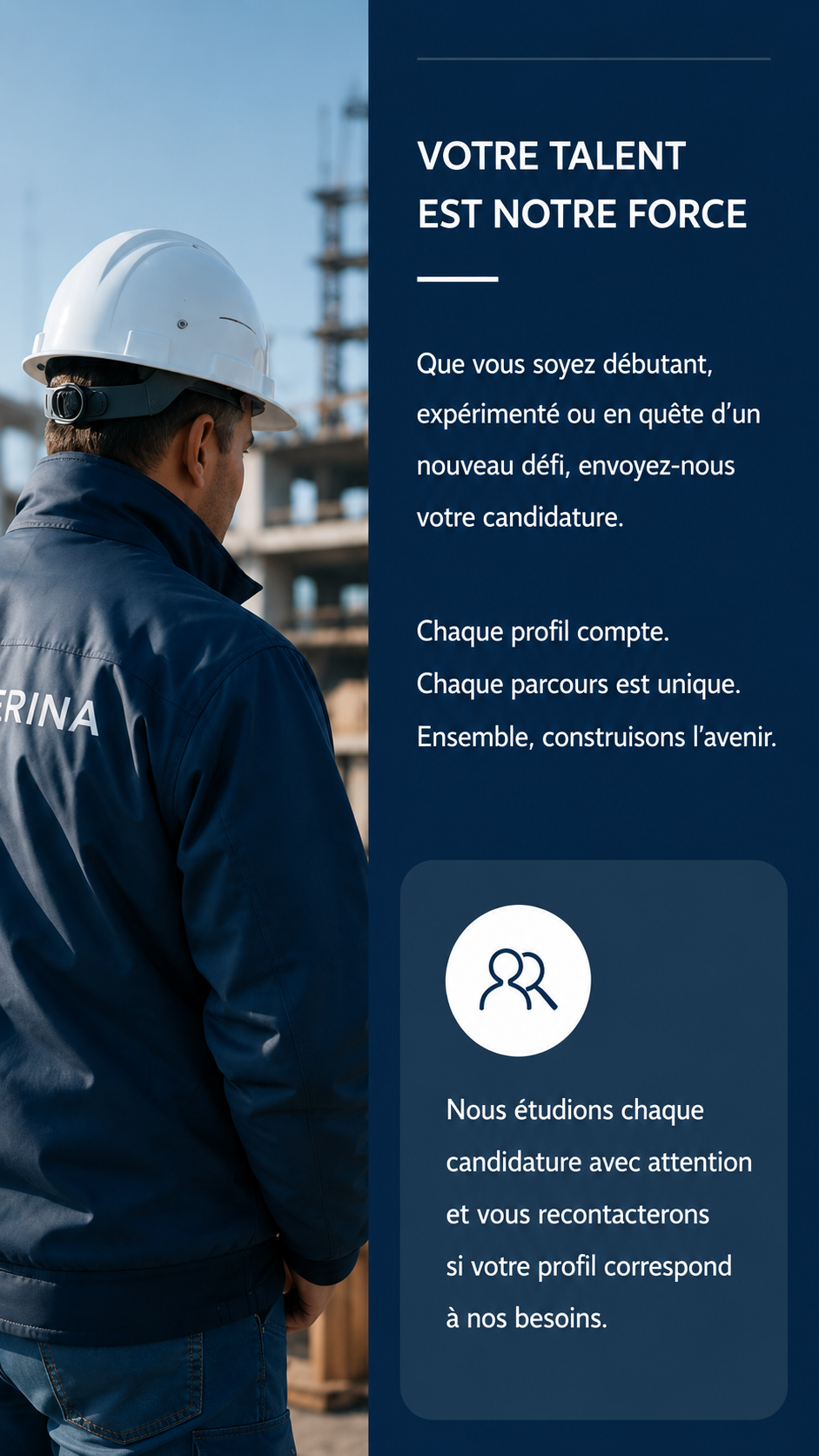 Technicien ASTERINA sur un chantier industriel avec panneau de recrutement mettant en avant les valeurs d’équipe, d’expertise terrain et de candidature.