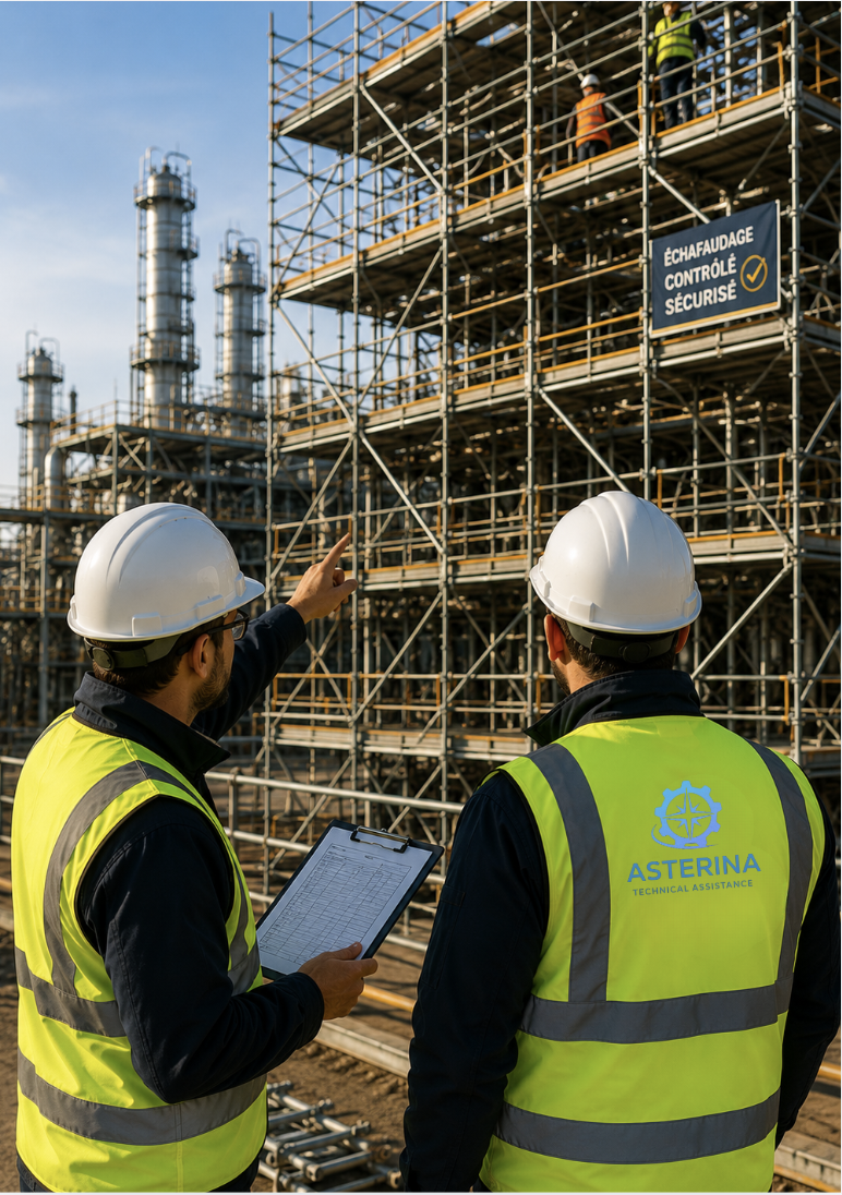 Experts en supervision d’échafaudage et contrôle sécurité sur chantier industriel et site BTP.