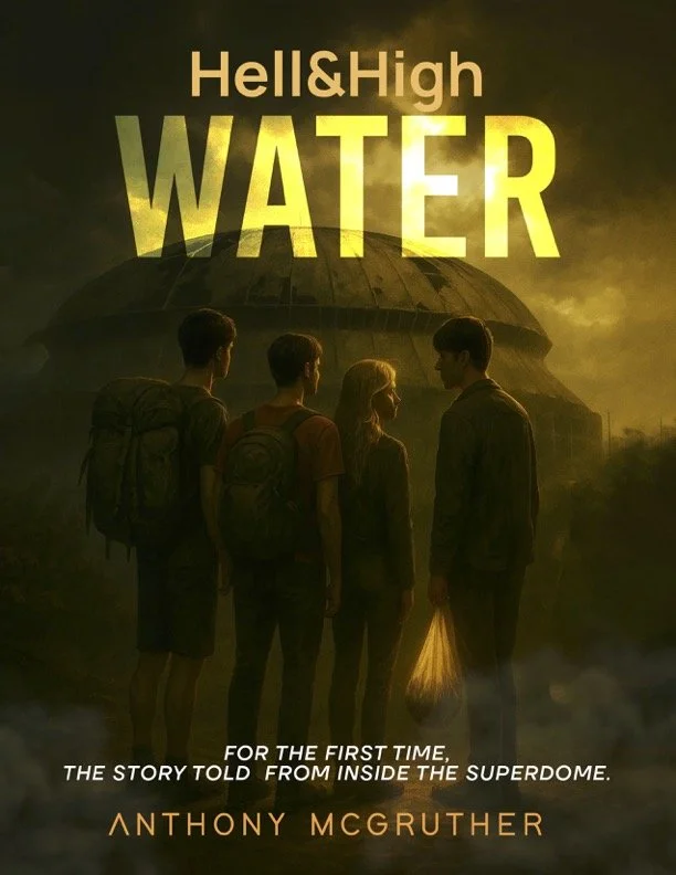 Book cover titled "Hell & High Water" by Anthony McGruther, showing four young people with backpacks standing outside a large, domed structure during foggy weather.